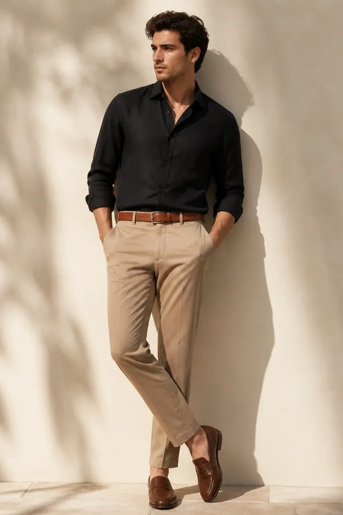A black button-up tucked into khaki chinos with a subtle belt, brown leather loafers, and a caramel leather belt; the outfit is photographed against a neutral wall with warm daylight.