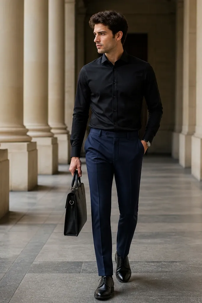 A black button-up worn with navy tailored trousers, fully buttoned up, paired with black oxford shoes; a slim leather briefcase and minimal watch complete the look.