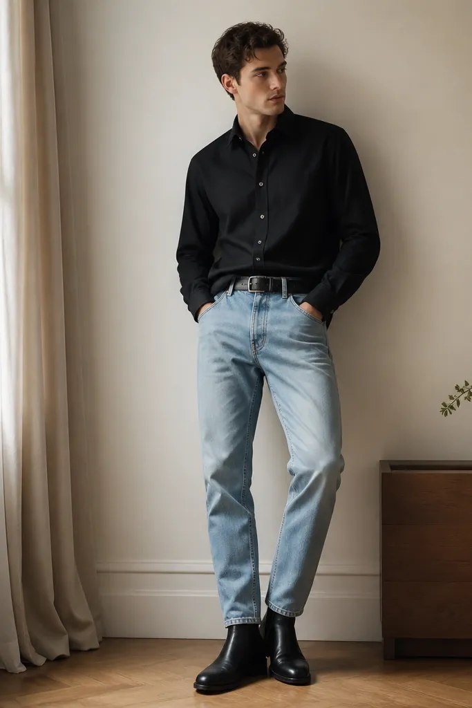 A black button-up half-tucked into light wash jeans, a black leather belt, and sleek black Chelsea boots; the sleeves are left down and the collar sits crisp.