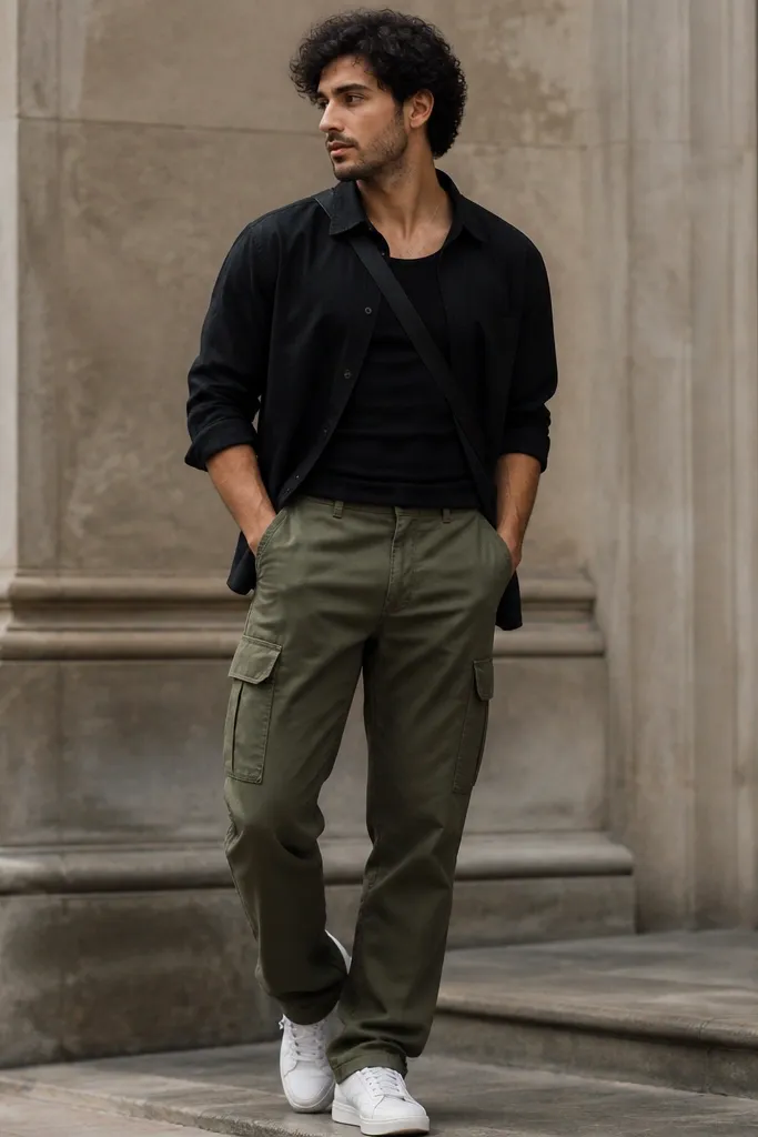 A black button-up worn slightly open at the top with a fitted black undershirt, olive cargo pants with visible pockets, and white trainers; a crossbody strap runs diagonally across the torso.