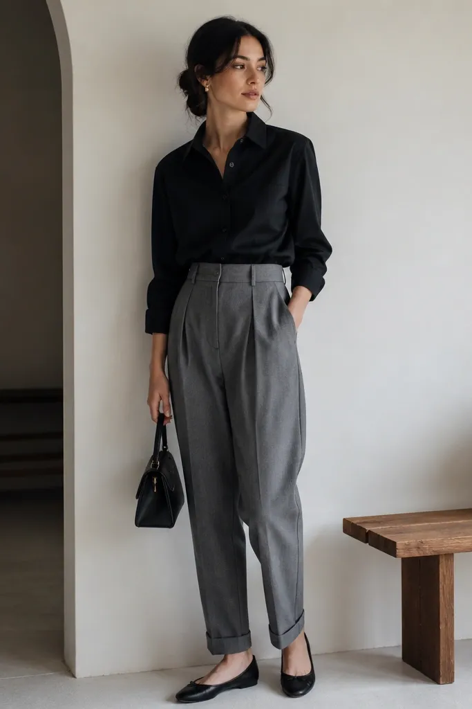 A black button-up tucked into high-waisted gray pleated trousers, black ballet flats, and a small structured handbag; the shirt is buttoned and neatly pressed.
