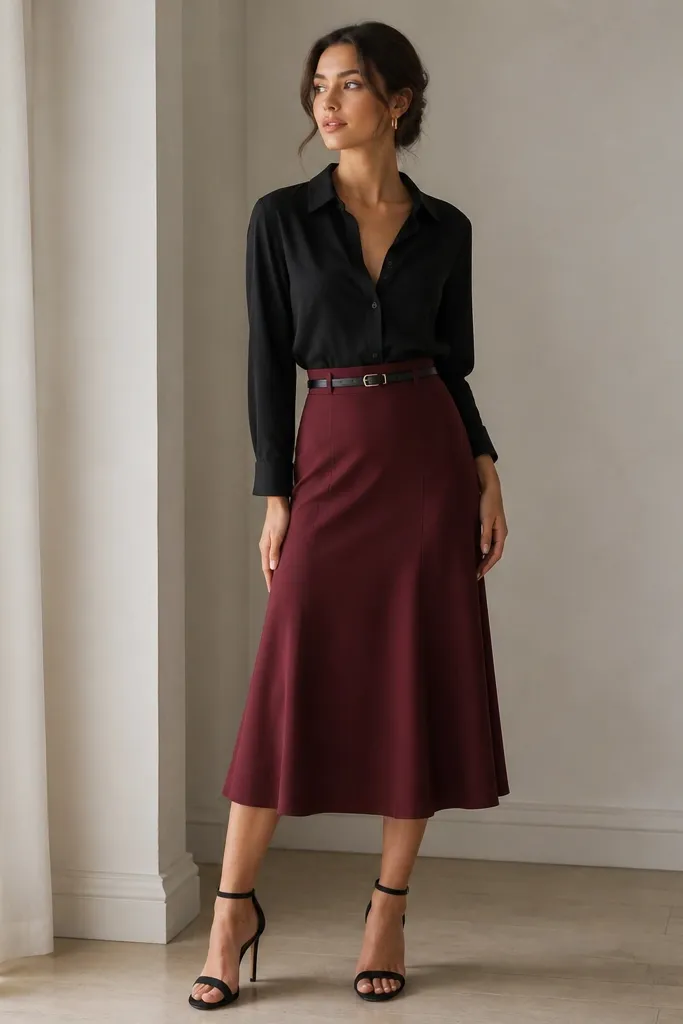 A black button-up tucked into a burgundy midi skirt, black ankle strap heels, and a thin belt at the waist; the outfit is styled with a small gold hoop earring visible.