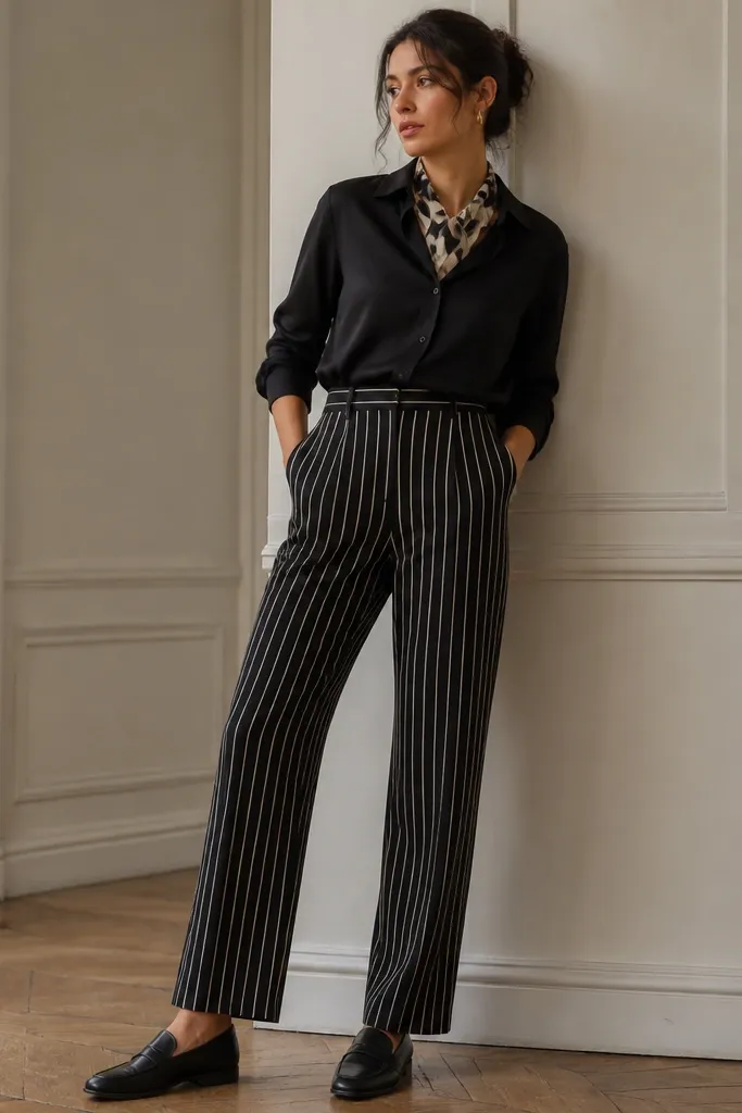 A black button-up tucked into black-and-white striped trousers, paired with black loafers; a bold patterned scarf peeks at the neckline.