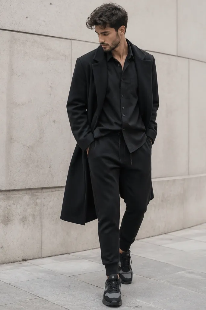 A black button-up worn over monochrome black knit joggers, sneakers in black-and-gray, and a longline coat sleeve partially visible; the shirt is half-tucked with a relaxed drape.