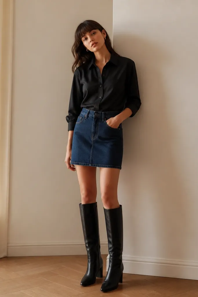 A black button-up tucked into a blue denim skirt, paired with black knee-high boots; the sleeves are rolled slightly and the shirt collar is sharp.