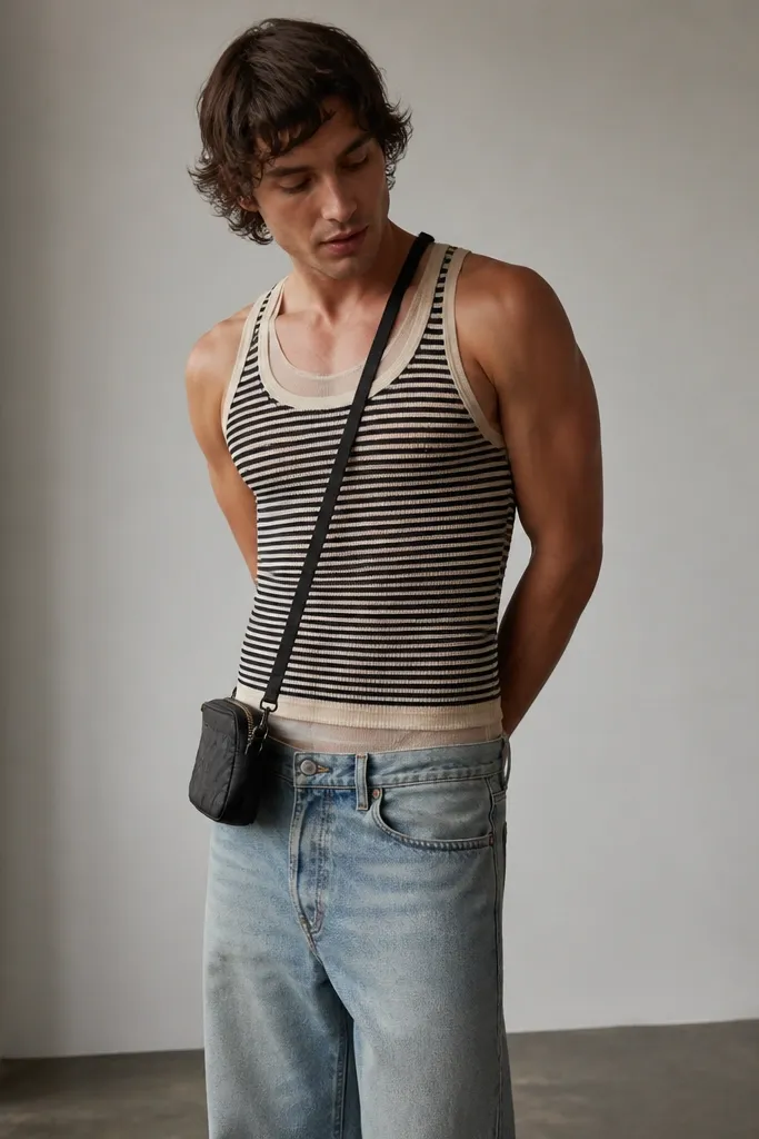A man wearing a striped mesh tank (black and white) over a fitted nude base layer, with low-rise straight jeans; a mini crossbody bag sits at the hip.