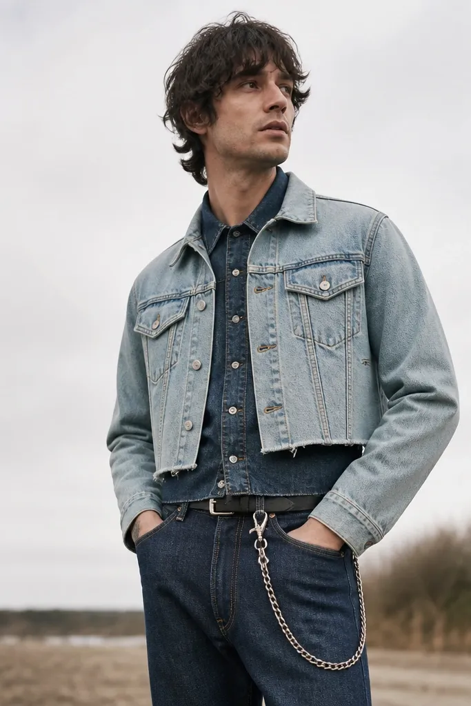 A man wearing a light-wash cropped denim jacket over a darker-wash denim shirt, paired with matching dark jeans; a chain wallet hangs from a belt at the waist.