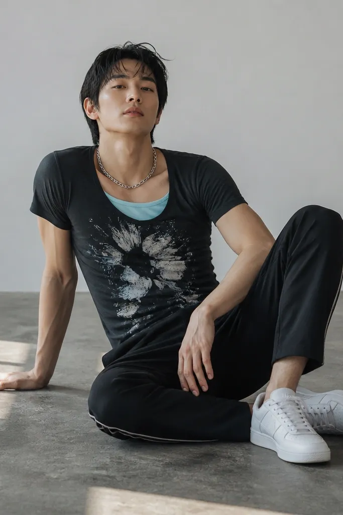 A man wearing a fitted graphic tee with a bright tube top layered underneath (peeking at the neckline), paired with narrow-leg track pants in black; white low-top sneakers and a chain necklace.