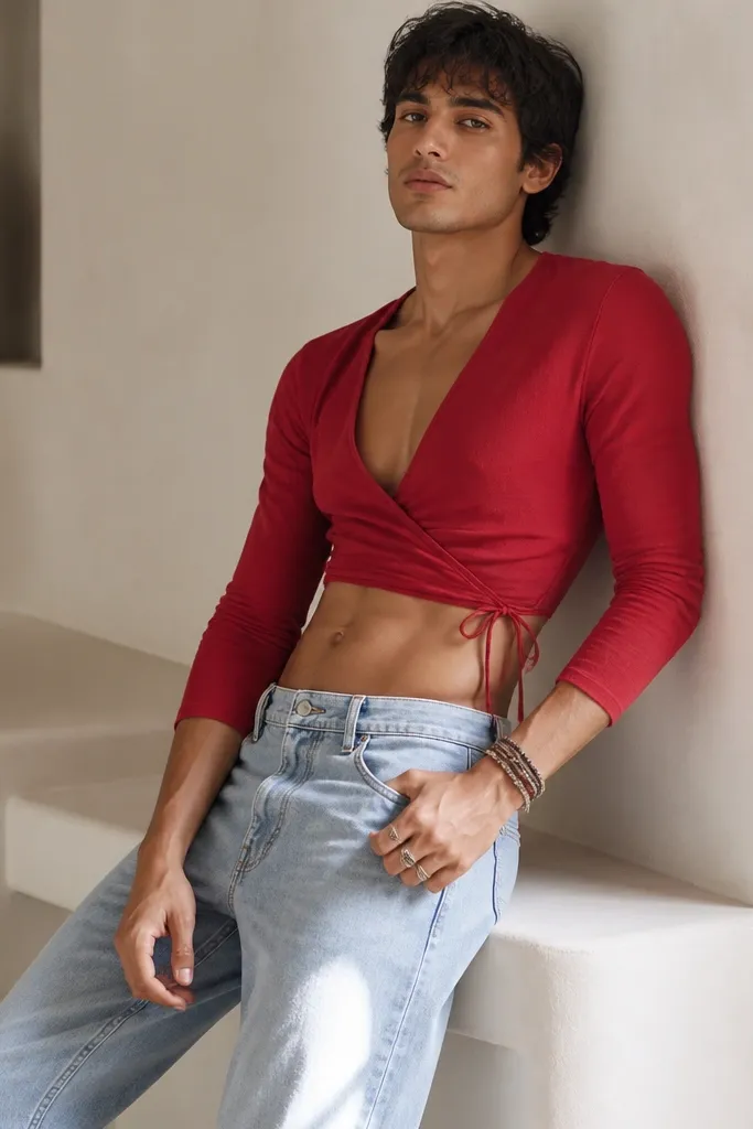 A man wearing a cropped wrap-style top in red with a small waist tie, paired with straight-leg light-wash jeans; layered bracelets and a small ring are visible.