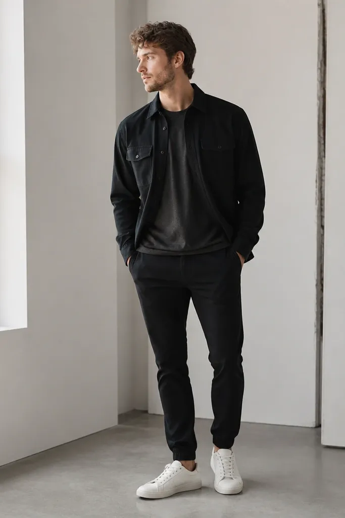 A black flannel overshirt worn open over a charcoal T-shirt, paired with black chinos and white minimalist sneakers; slight jogger-like cuff break at the ankle.