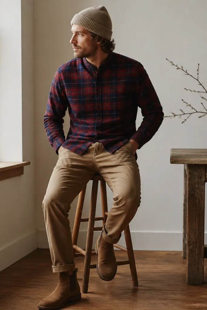 A red-and-navy plaid flannel worn buttoned with a slight stand collar, paired with tan chinos, brown suede boots, and a folded knit beanie in muted oatmeal.