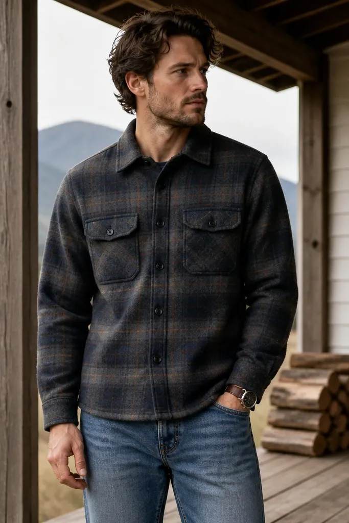 A flannel shirt jacket worn buttoned with two chest pockets visible, paired with straight-leg jeans in medium wash and a dark leather watch; the hem hits around the mid-hip.