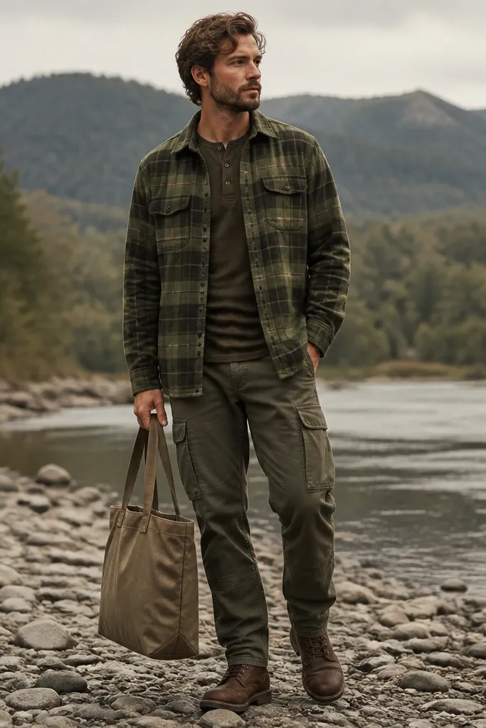 An olive-green plaid flannel buttoned over a darker olive henley, paired with olive cargo pants; a canvas tote and rugged boots complete the outdoorsy look.