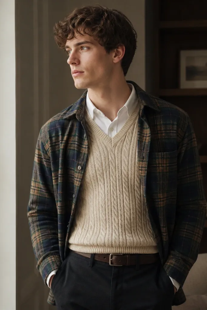 A plaid flannel worn open over a cream sweater vest, with a white Oxford shirt collar peeking out; paired with dark trousers and a simple leather belt.