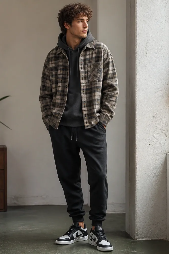 A muted plaid flannel worn open over a charcoal hoodie, paired with black jogger-style pants and black-and-white sneakers; the flannel hem sits just above the hoodie waistband.