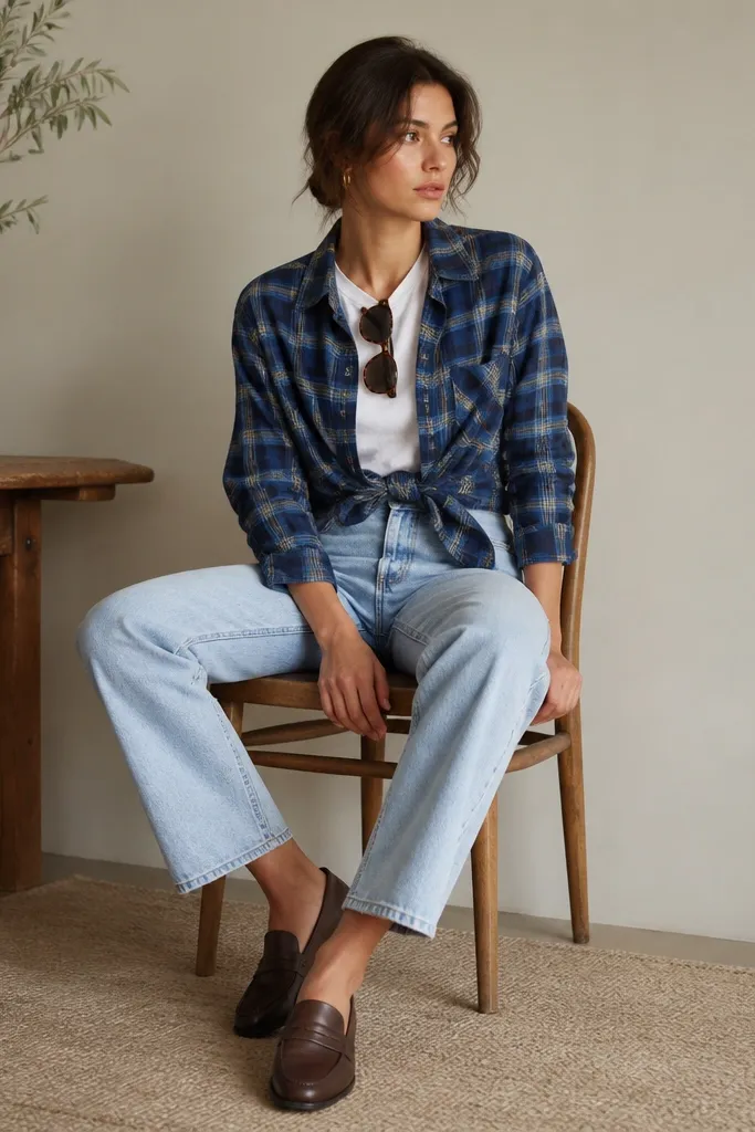 A blue plaid flannel tied at the waist over a white crew tee, paired with light-wash straight denim and brown loafers; sunglasses sit on the shirt collar.