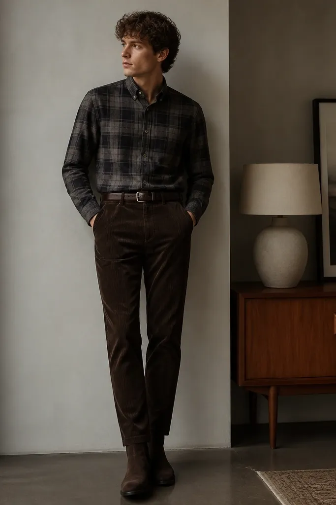A black-and-gray plaid flannel button-up tucked into dark chocolate corduroy trousers, with a thin leather belt and dark suede ankle boots; the cuffs are neatly buttoned.