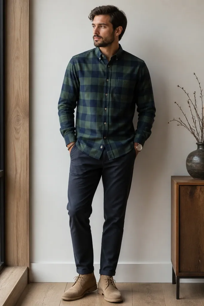 A buffalo check flannel buttoned up with the sleeves down, paired with dark chinos and tan desert boots; a simple watch and minimal bracelet add polish.