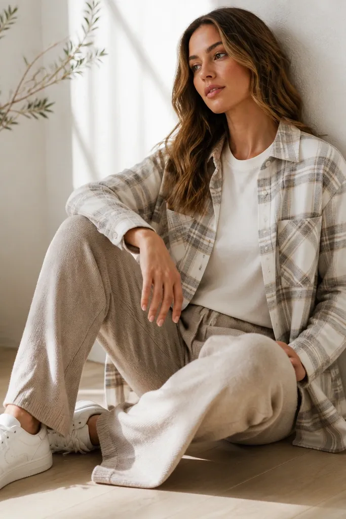 A neutral plaid flannel (cream, tan, and soft gray) worn open over a cream tee, paired with oatmeal knit pants and white sneakers; the flannel collar is visible.