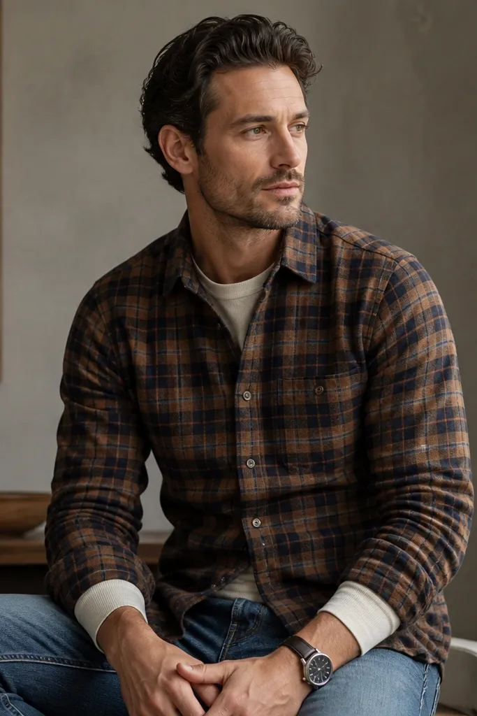 A flannel button-up worn over a fitted long-sleeve base layer, with the base layer cuffs showing at the wrists; paired with medium-wash jeans and a dark cardigan-style watch strap.