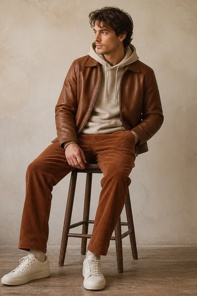 A cognac-brown leather jacket layered over an oatmeal hoodie; rust-brown corduroy pants; cream sneakers; the hood is slightly visible under the jacket.