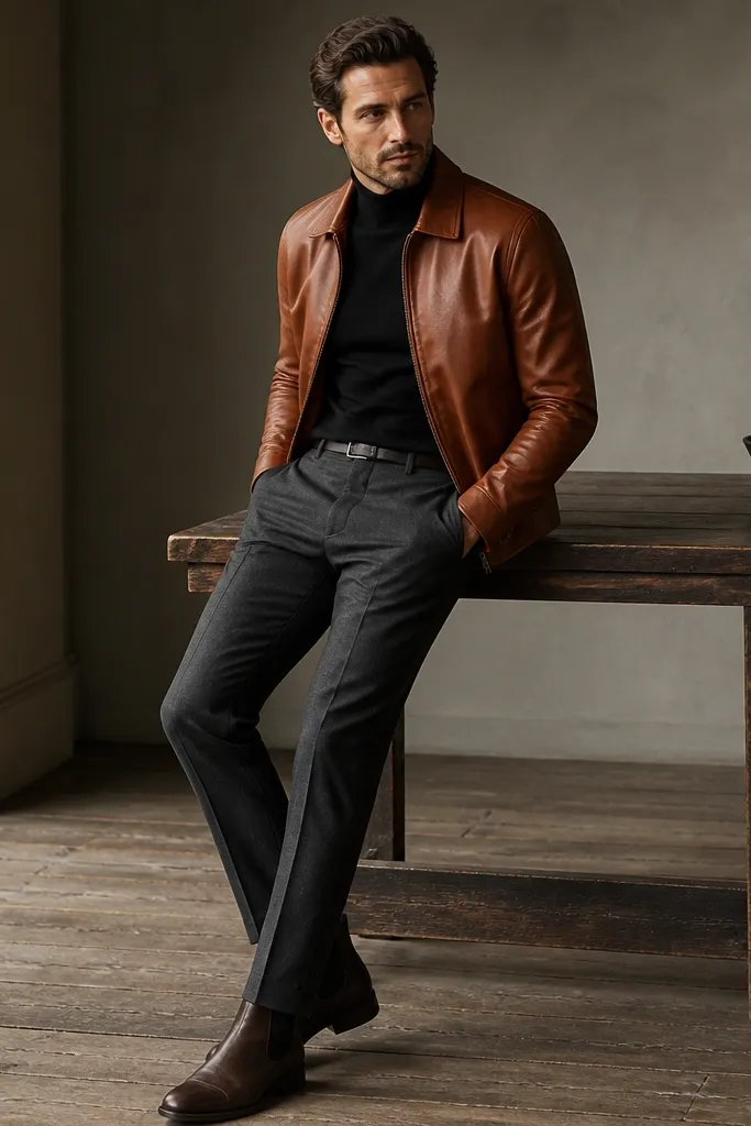A caramel-brown leather jacket over a fitted black turtleneck with charcoal wool trousers and dark brown Chelsea boots; minimal accessories and a sleek belt line.