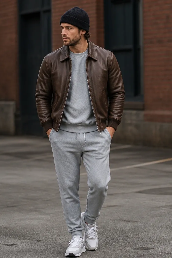 A brown leather bomber jacket over a heather-gray sweatshirt and matching joggers; a dark beanie; white-and-gray sneakers; jacket cuffs sit neatly above the wrists.
