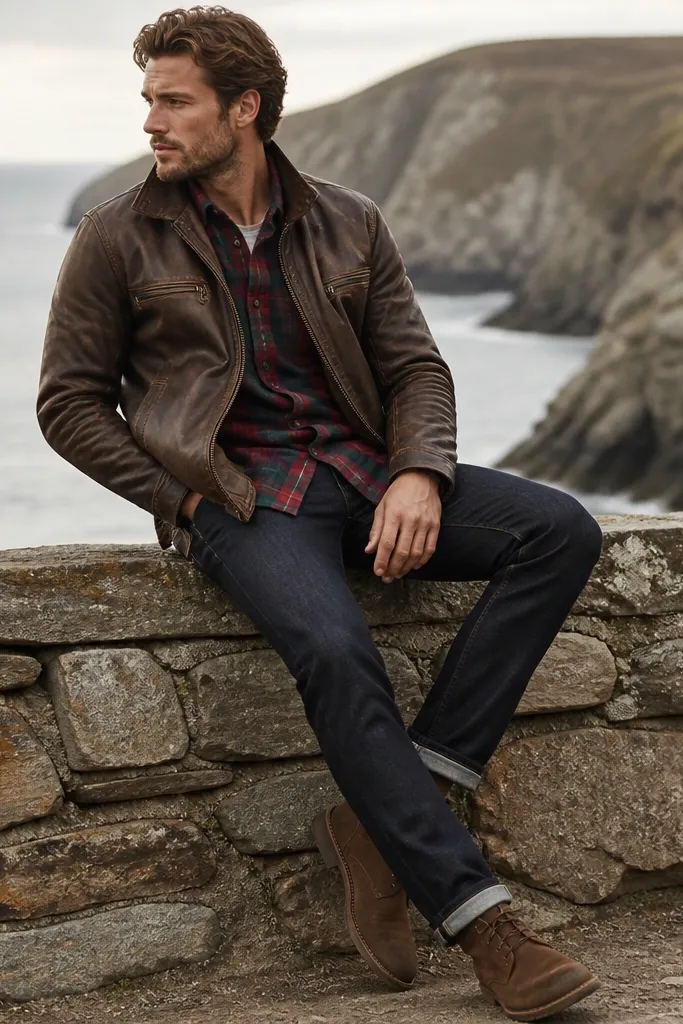 A distressed brown leather jacket layered over a red-and-green plaid flannel shirt; dark indigo jeans; brown suede shoes; the flannel shows at the hem.