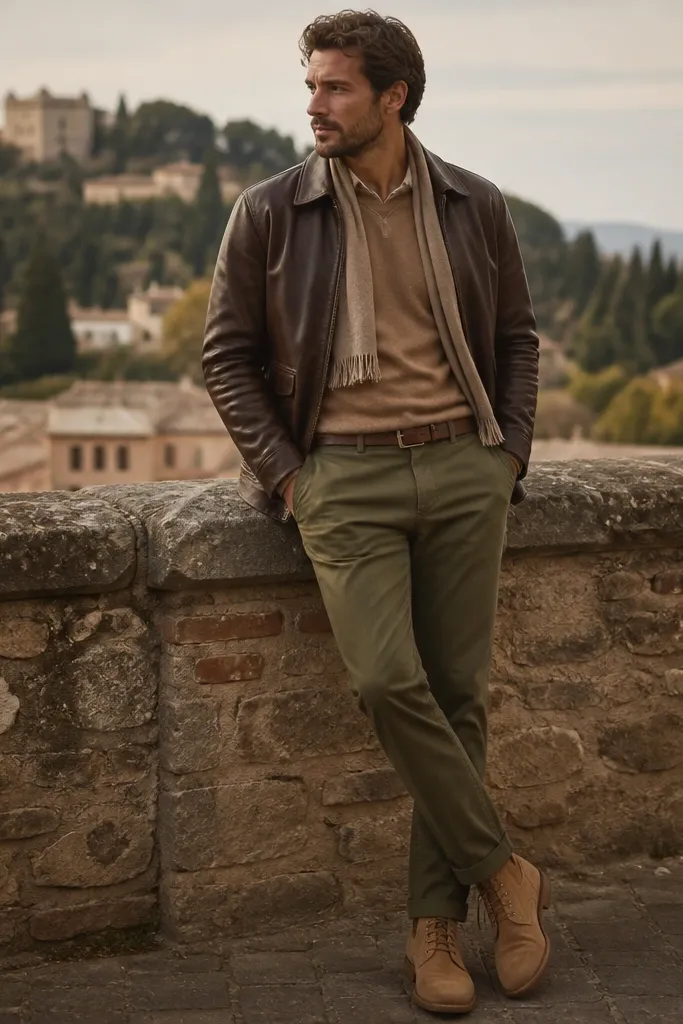 An umber-brown leather jacket worn over a camel crewneck sweater; olive-green chinos; a brown belt; tan boots; a minimal scarf in a muted beige.