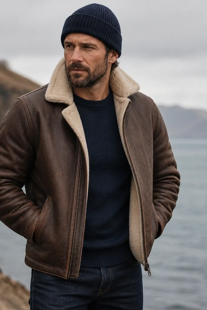A fleece-lined brown leather jacket (visible light lining at the collar) over a navy thermal top; navy beanie; dark jeans; the jacket looks thick and insulated.