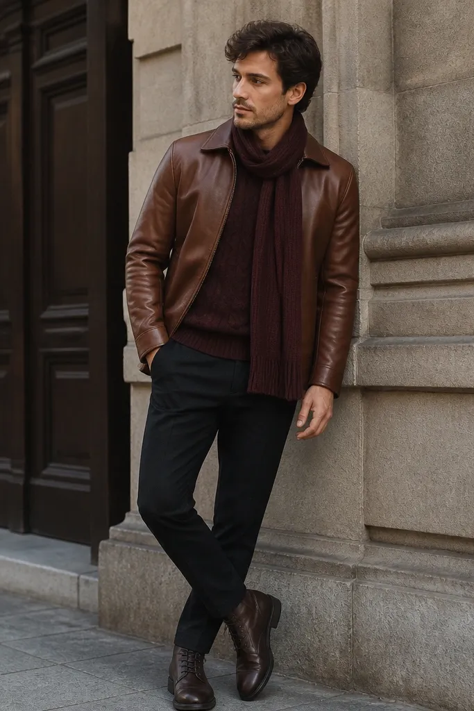 A rich cognac leather jacket over a burgundy knit sweater; black or very dark trousers; dark brown lace-up boots; a burgundy scarf with a subtle rib pattern.