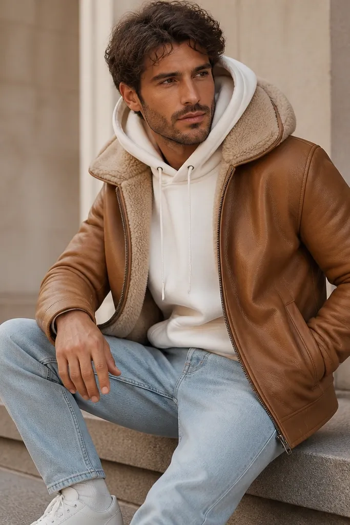 A tan caramel leather jacket over a white hoodie with visible sherpa lining at the hood; light-wash denim; white sneakers; the jacket collar frames the fluffy texture.