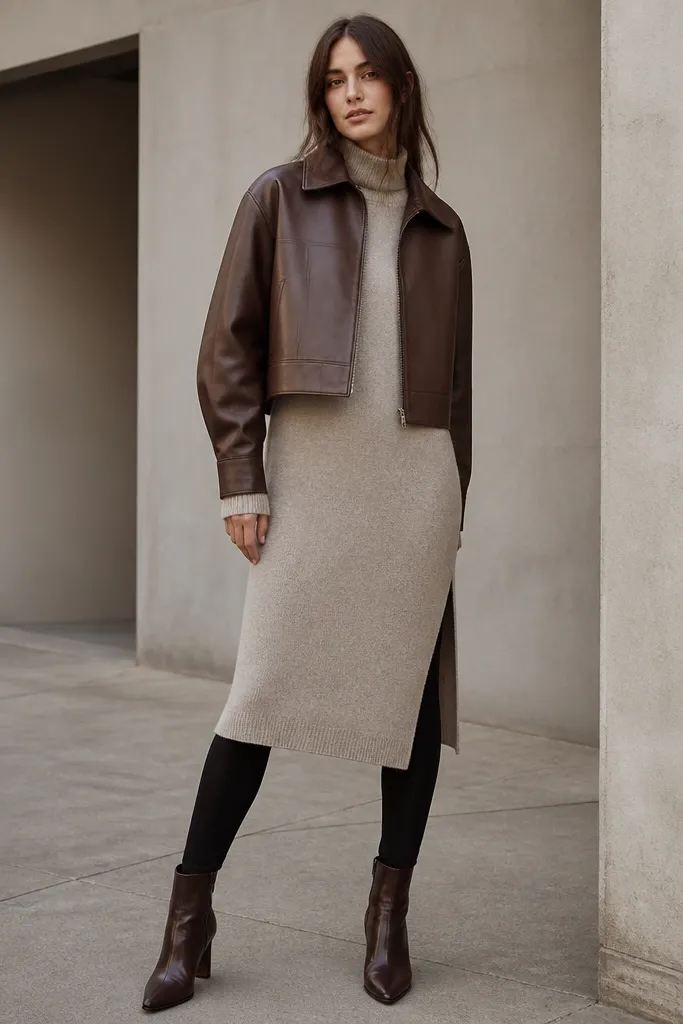 A minimal brown leather jacket over a longline sweater dress; black leggings underneath; ankle boots; the jacket is cropped and clean with a slightly oversized fit.