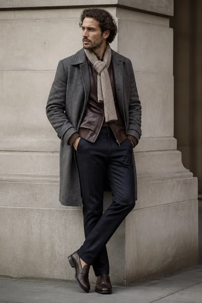 A brown leather jacket worn under a gray wool overcoat; a knit scarf in oatmeal; tailored dark jeans; leather loafers; the leather cuffs peek under the overcoat sleeves.