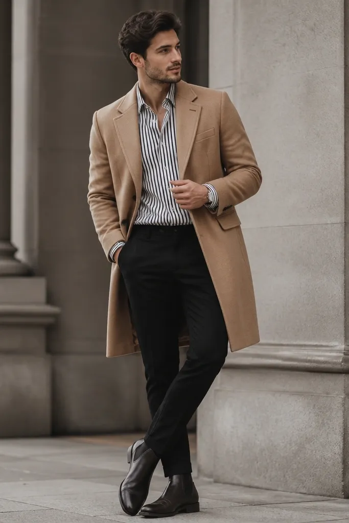A black-and-white pinstriped button-up under a camel overcoat, styled with black slim trousers and dark leather Chelsea boots; a minimal watch peeks from the cuff.