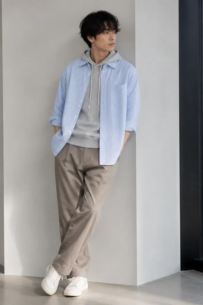 A sky-blue striped button-up worn over a heather grey hoodie, paired with relaxed taupe chinos and white sneakers; the shirt hem is loose with sleeves rolled to the forearm.