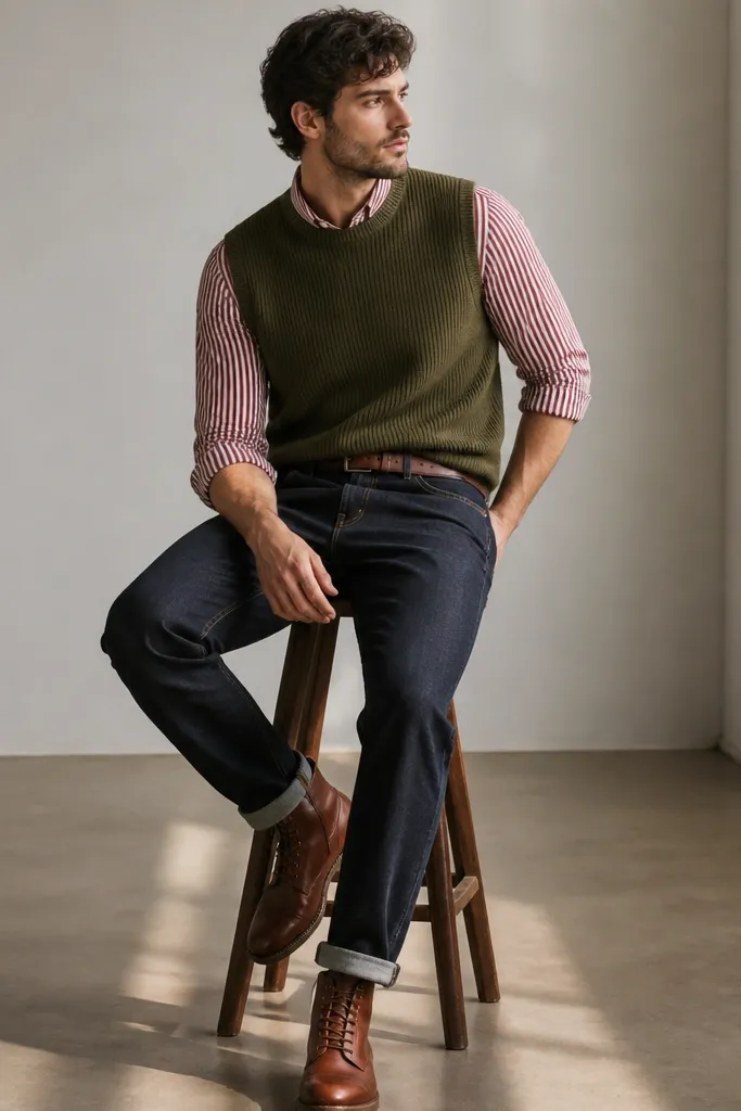 A red-and-white striped button-up layered under an olive ribbed knit vest, with dark indigo jeans and brown leather lace-up boots; a belt matches the boots.