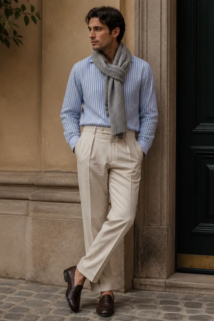 A light blue vertical-striped button-up styled with a soft grey wool scarf, beige trousers, and dark brown loafers; the scarf is loosely wrapped at the neck.