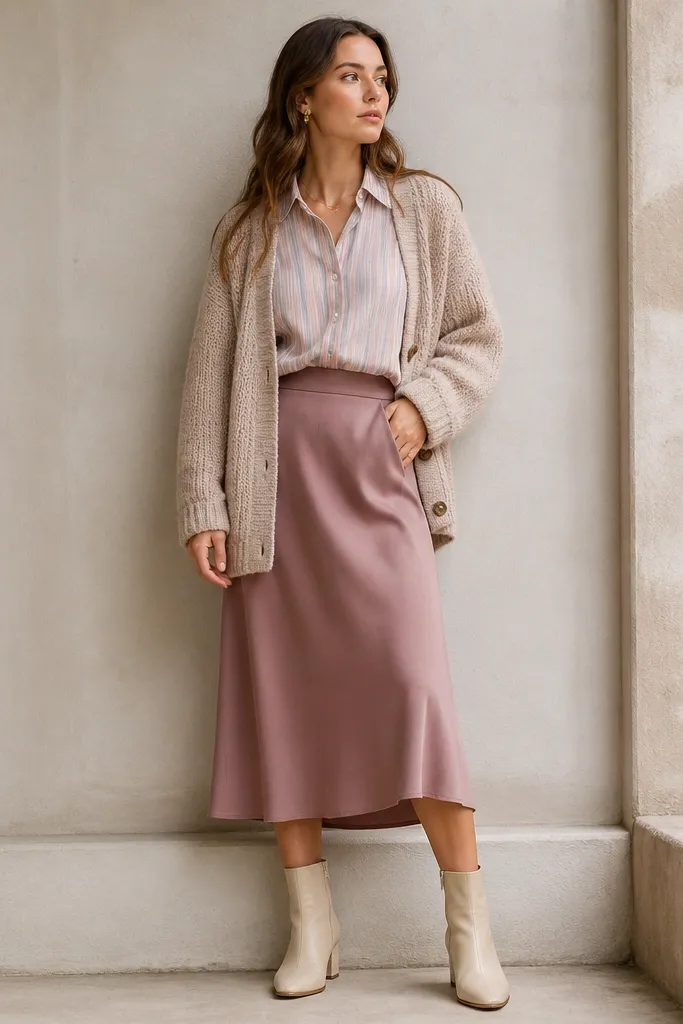 A pastel-striped button-up tucked into a soft mauve midi skirt, layered with a chunky oatmeal cardigan; the outfit includes cream ankle boots.