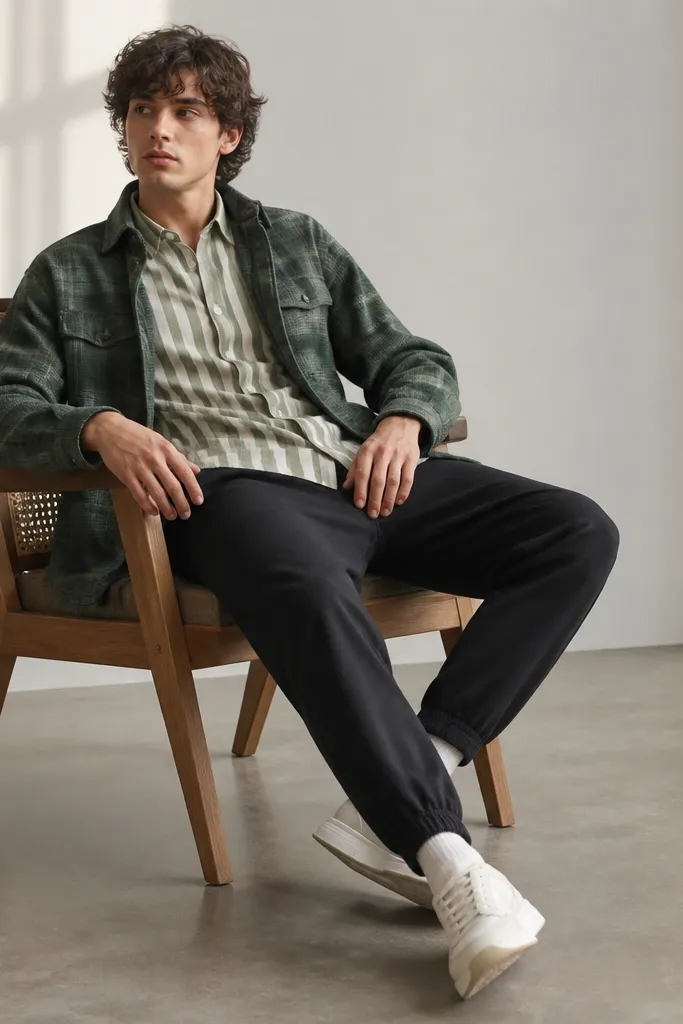 A green-and-cream striped button-up under a darker green flannel overshirt, worn with black jogger-style pants and white chunky sneakers.