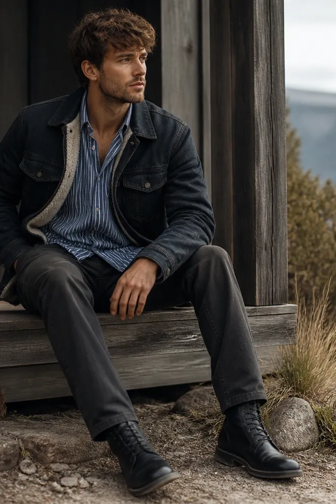 An indigo-striped button-up under a dark denim jacket with visible fleece lining, paired with black work boots and charcoal trousers; the shirt front is slightly open.