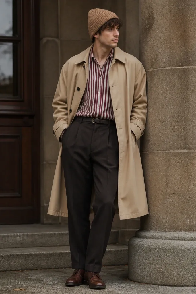 A burgundy-and-cream striped button-up worn under a tan trench coat, styled with dark trousers and a chunky tan knit beanie; brown leather shoes finish it.