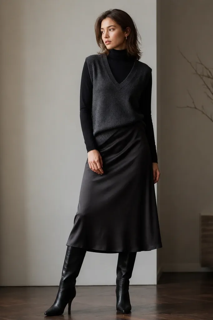 A charcoal grey sweater vest layered over a fitted black turtleneck, styled with a midi skirt and black tall leather boots.