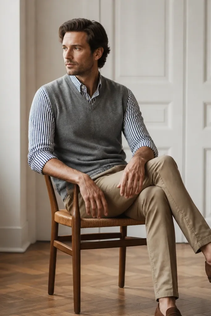 An ash grey sweater vest over a navy-and-white striped long-sleeve shirt, paired with slim khaki chinos and brown loafers.