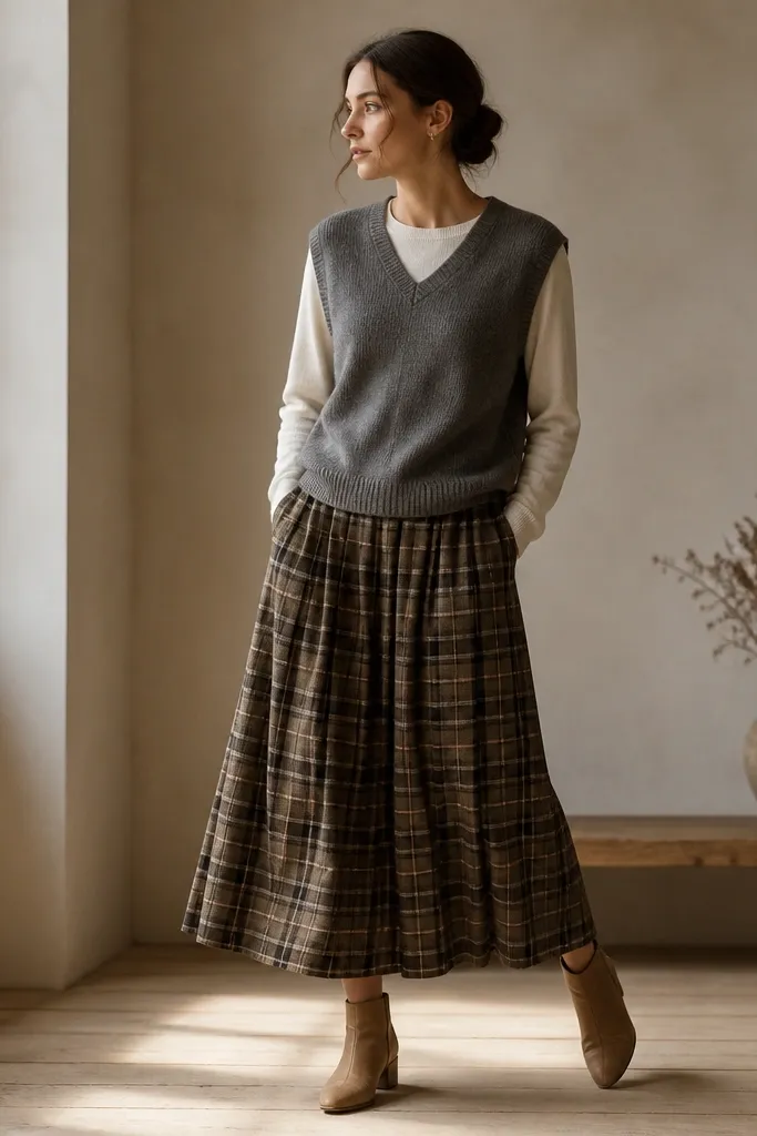 A medium grey sweater vest layered over a cream crewneck top, paired with a brown-and-olive plaid midi skirt and tan ankle boots.
