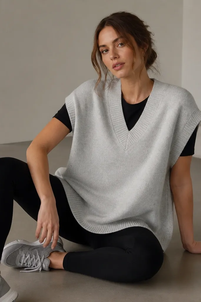 An oversized light grey sweater vest worn over a fitted black tee, styled with black leggings and heather grey sneakers.