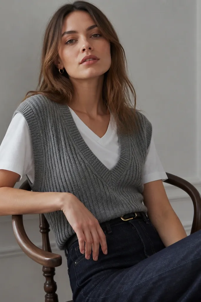 A ribbed grey sweater vest over a white V-neck tee, with a thin belt at the waist and dark wash jeans.
