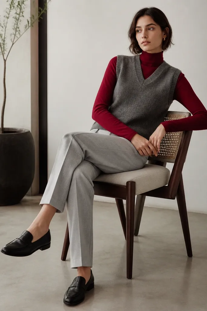 A grey sweater vest layered over a deep red mock neck top, styled with light grey straight-leg trousers and black loafers.