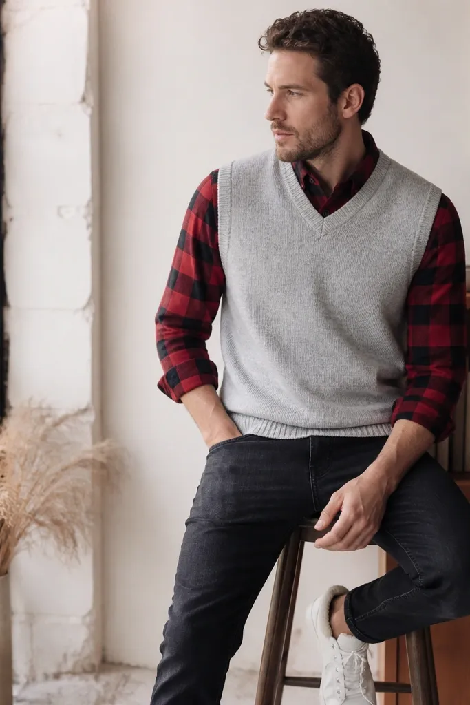 A soft, pale grey sweater vest over a red-and-black flannel button-up, paired with dark jeans and white sneakers with a cozy sherpa lining.