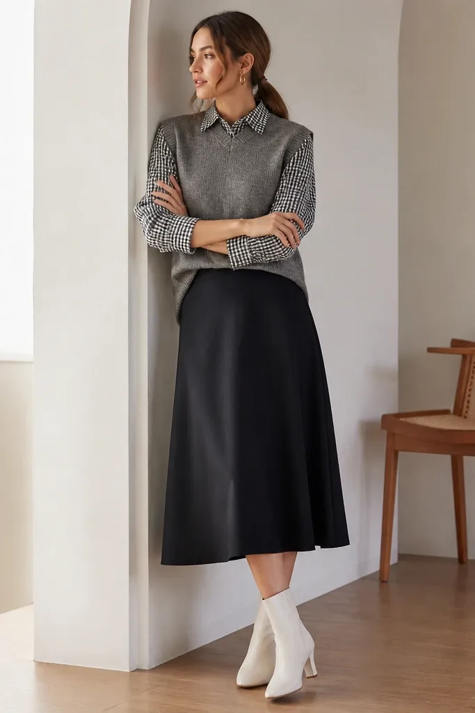 A grey sweater vest over a black-and-white gingham button-up, styled with a black midi skirt and white ankle boots.